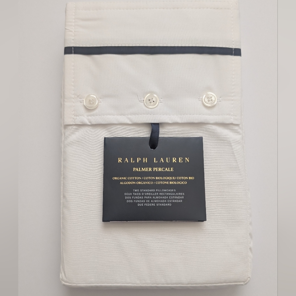 Ralph Lauren Palmer Percale Organic Standard Pillowcases Pkg of 2 White Navy NWT